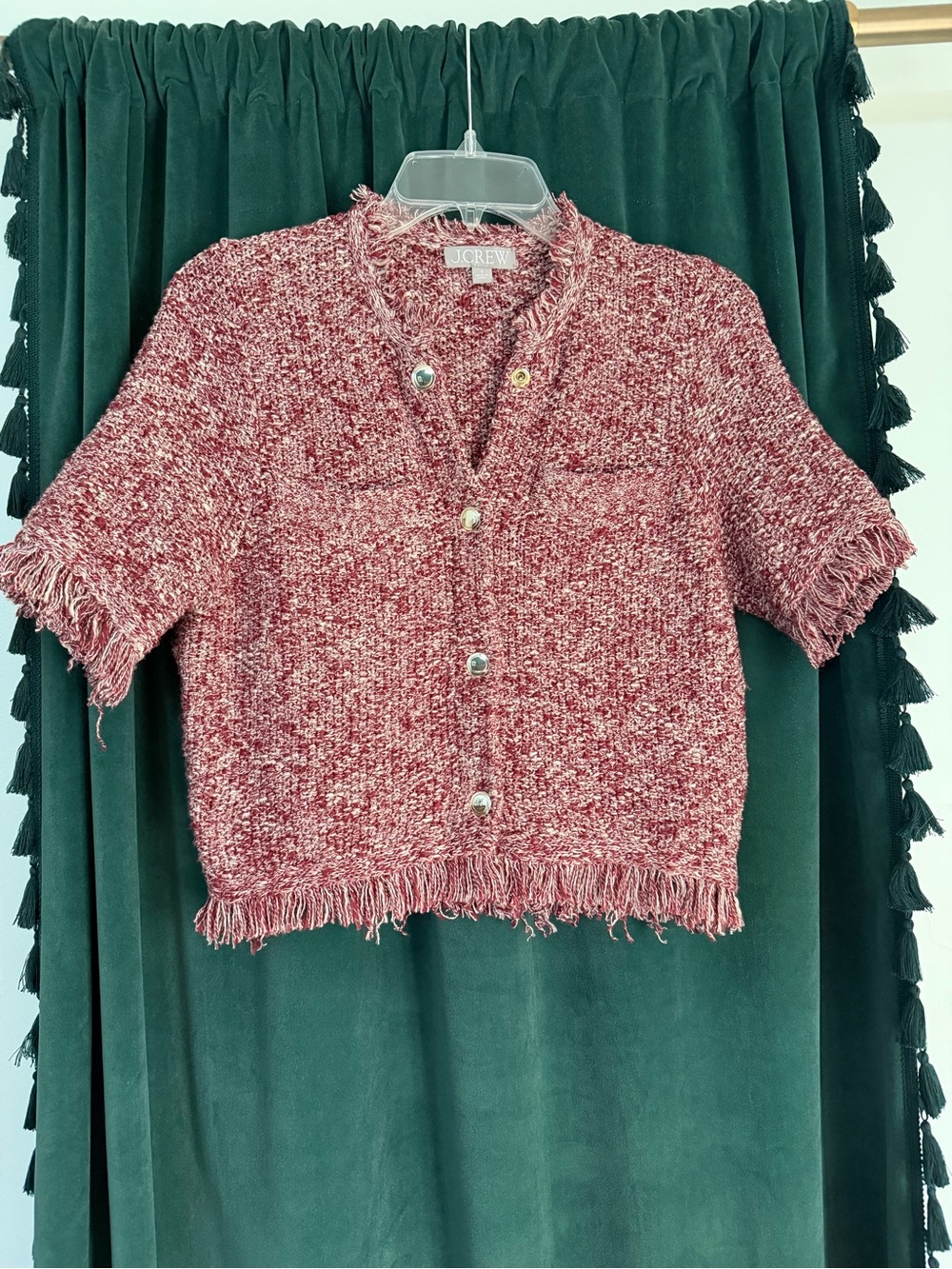 J. Crew Red Pink Tweed Fringe Short-Sleeve Cardigan
